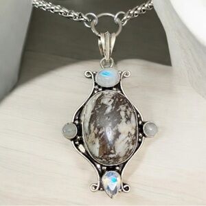 Genuine moonstone white & brown agate gemstones & opalite boho silver necklace